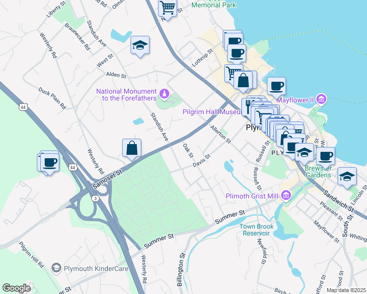 map of restaurants, bars, coffee shops, grocery stores, and more near 80 Oak Street in Plymouth