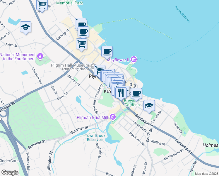 map of restaurants, bars, coffee shops, grocery stores, and more near 44 Massachusetts 3A in Plymouth