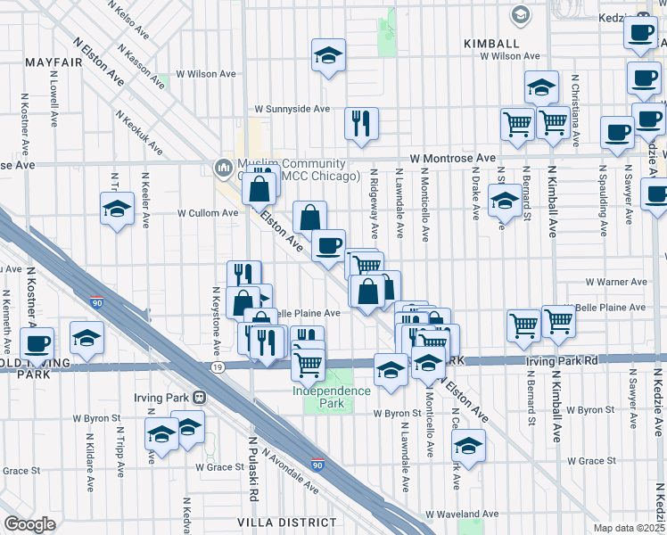 map of restaurants, bars, coffee shops, grocery stores, and more near 4155 North Elston Avenue in Chicago