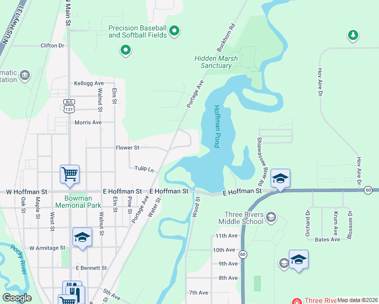 map of restaurants, bars, coffee shops, grocery stores, and more near 1017 Azaleamum Drive in Three Rivers