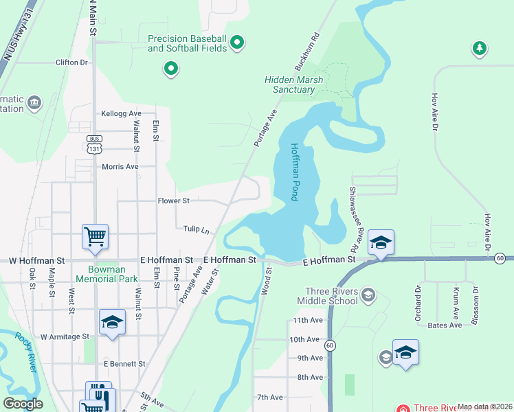 map of restaurants, bars, coffee shops, grocery stores, and more near 1017 Azaleamum Drive in Three Rivers