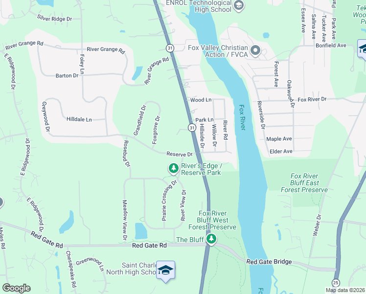 map of restaurants, bars, coffee shops, grocery stores, and more near 230 Reserve Drive in St. Charles