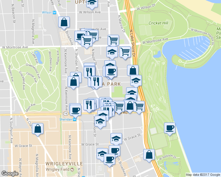 map of restaurants, bars, coffee shops, grocery stores, and more near 4115-4147 North Clarendon Avenue in Chicago