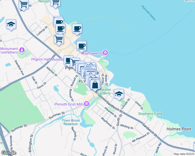 map of restaurants, bars, coffee shops, grocery stores, and more near 20 Leyden Street in Plymouth