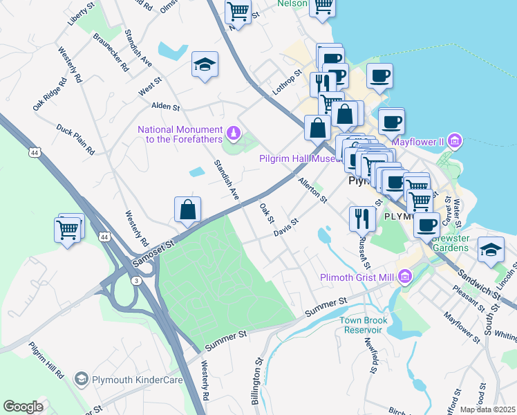 map of restaurants, bars, coffee shops, grocery stores, and more near 68 Oak Street in Plymouth