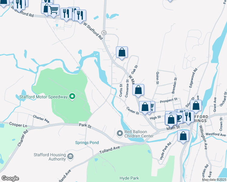 map of restaurants, bars, coffee shops, grocery stores, and more near 46 Center Street in Stafford