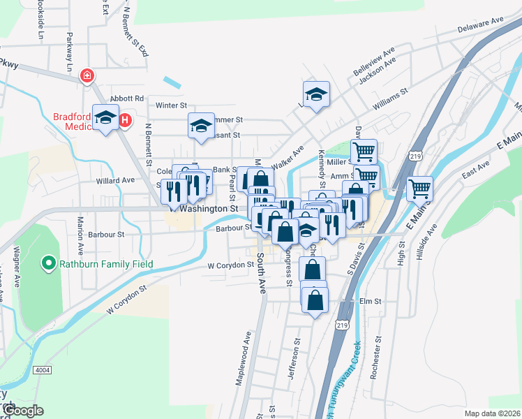 map of restaurants, bars, coffee shops, grocery stores, and more near 20 Mechanic Street in Bradford