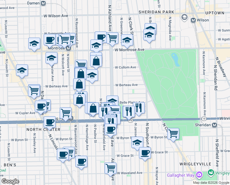 map of restaurants, bars, coffee shops, grocery stores, and more near 4109 North Ashland Avenue in Chicago