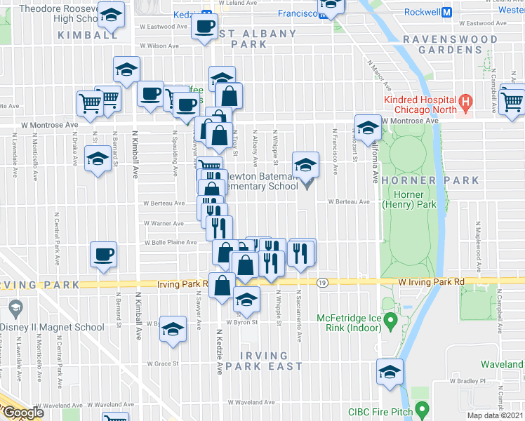 map of restaurants, bars, coffee shops, grocery stores, and more near 4124 North Whipple Street in Chicago