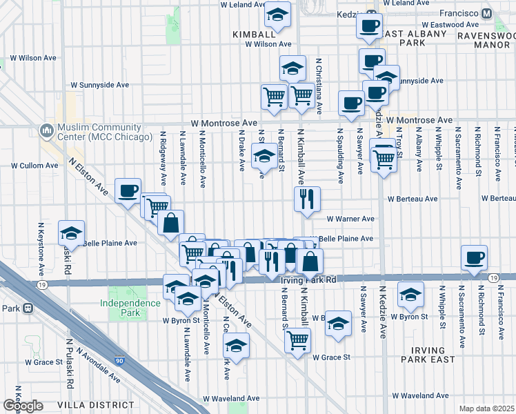 map of restaurants, bars, coffee shops, grocery stores, and more near 4124 North Saint Louis Avenue in Chicago
