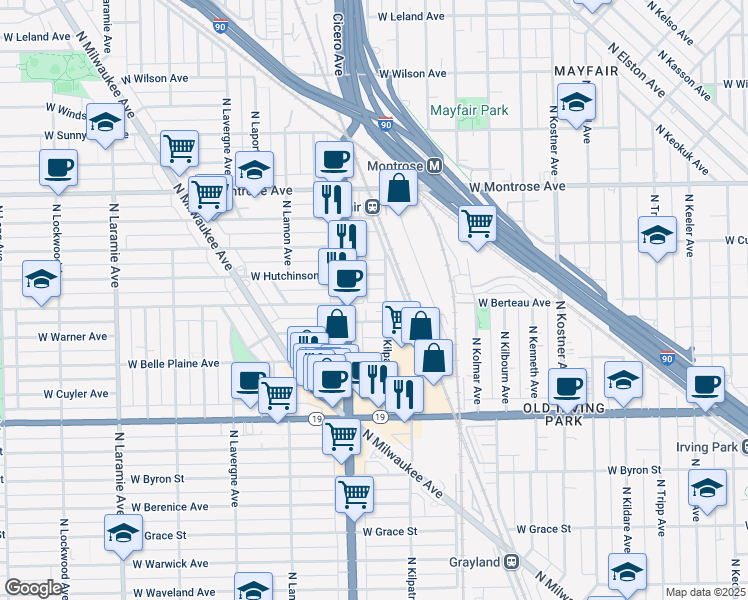 map of restaurants, bars, coffee shops, grocery stores, and more near 4139 North Kilpatrick Avenue in Chicago