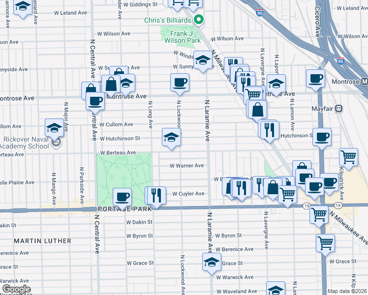 map of restaurants, bars, coffee shops, grocery stores, and more near 5241 West Berteau Avenue in Chicago