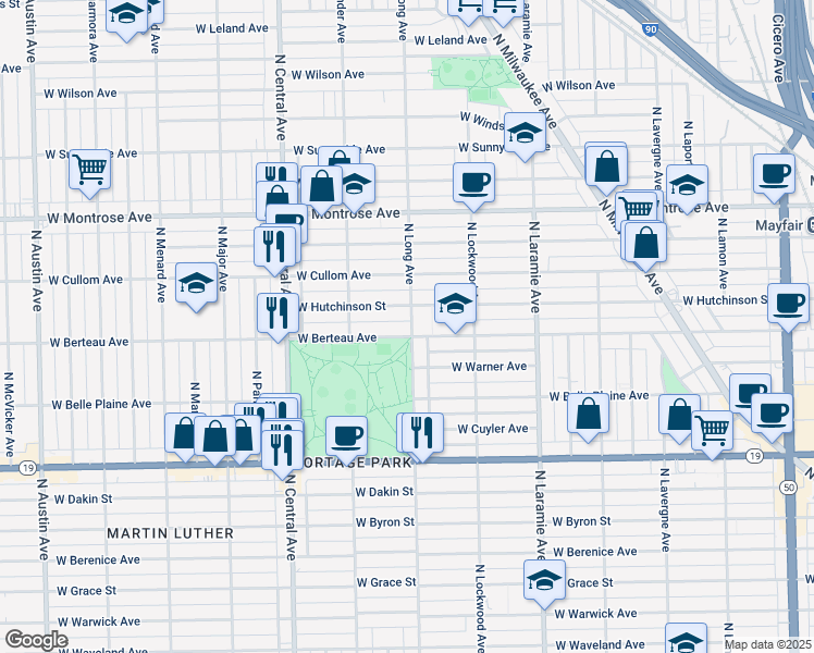 map of restaurants, bars, coffee shops, grocery stores, and more near 4147 North Long Avenue in Chicago