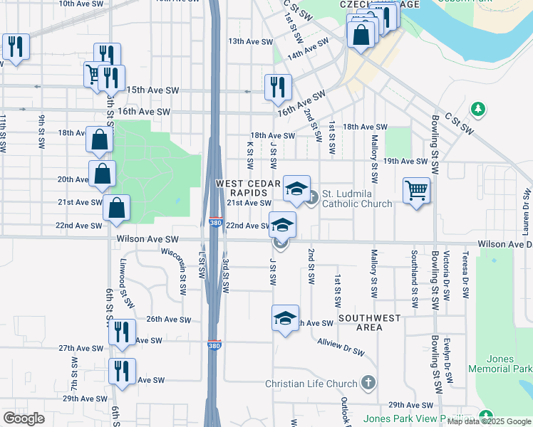 map of restaurants, bars, coffee shops, grocery stores, and more near 259 22nd Avenue Southwest in Cedar Rapids