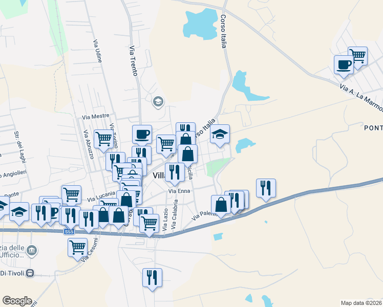 map of restaurants, bars, coffee shops, grocery stores, and more near 11 Via Bologna in Villalba