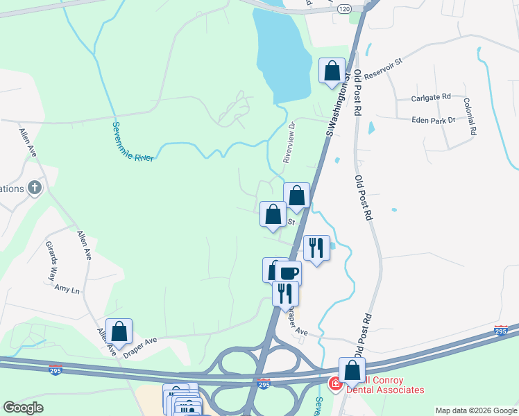 map of restaurants, bars, coffee shops, grocery stores, and more near 5 Quinn Street in North Attleborough
