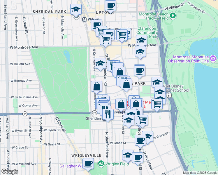 map of restaurants, bars, coffee shops, grocery stores, and more near 945 West Gordon Terrace in Chicago