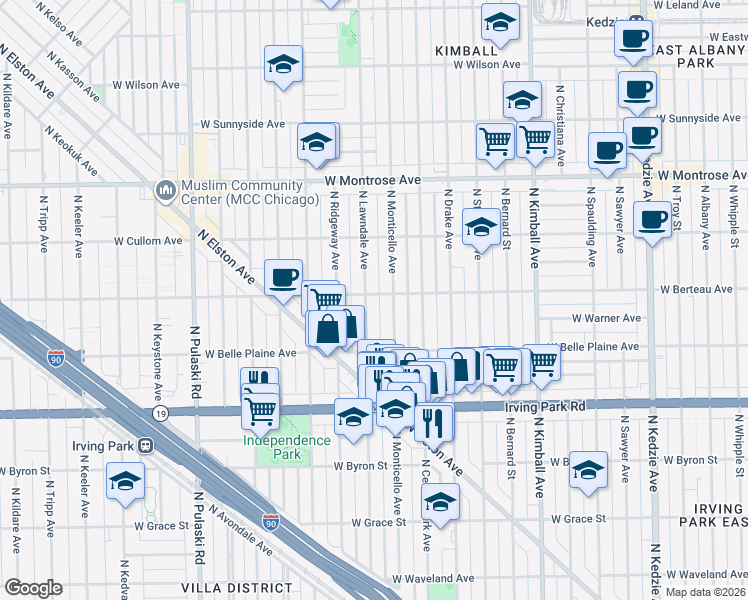 map of restaurants, bars, coffee shops, grocery stores, and more near 4129 North Lawndale Avenue in Chicago