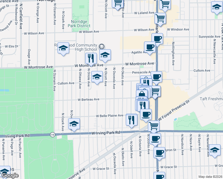 map of restaurants, bars, coffee shops, grocery stores, and more near 7414 West Berteau Avenue in Norridge