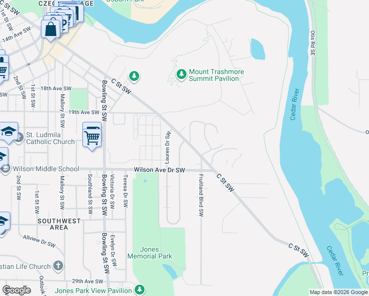 map of restaurants, bars, coffee shops, grocery stores, and more near 602 Wilson Avenue Drive Southwest in Cedar Rapids