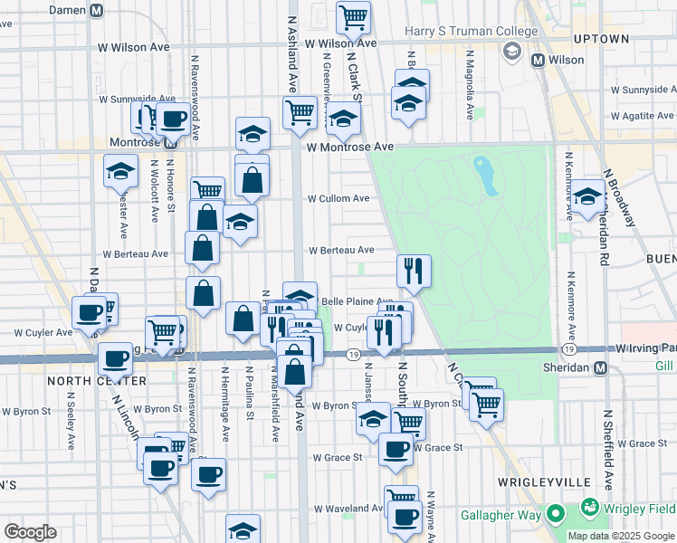map of restaurants, bars, coffee shops, grocery stores, and more near 4135 North Greenview Avenue in Chicago