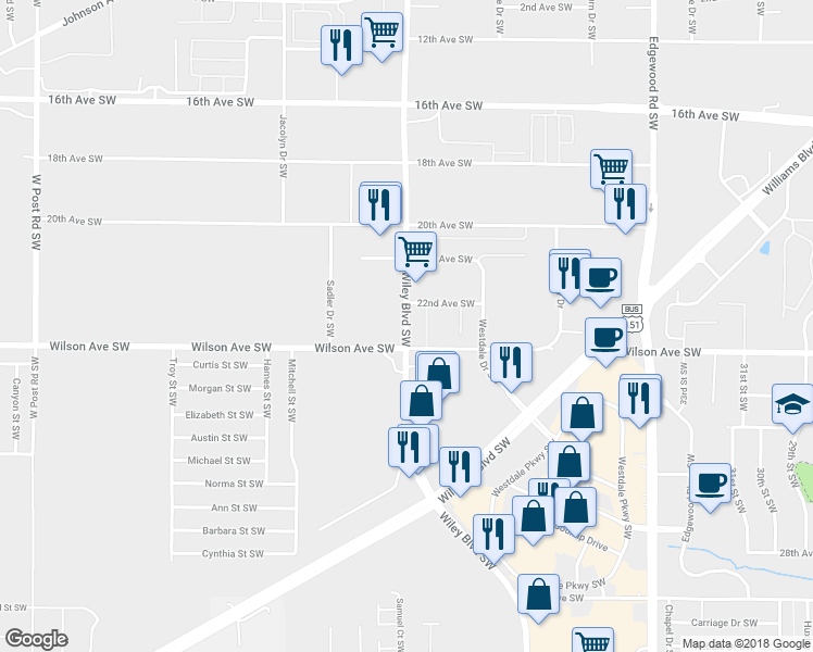 map of restaurants, bars, coffee shops, grocery stores, and more near 2200 Wiley Boulevard Southwest in Cedar Rapids