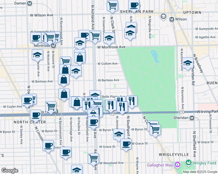 map of restaurants, bars, coffee shops, grocery stores, and more near 1466 West Warner Avenue in Chicago
