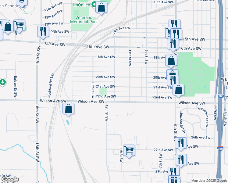 map of restaurants, bars, coffee shops, grocery stores, and more near 2101 12th Street Southwest in Cedar Rapids