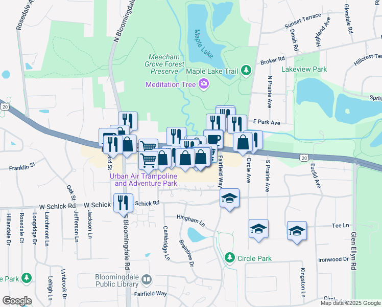 map of restaurants, bars, coffee shops, grocery stores, and more near 136 E Lake St in Bloomingdale