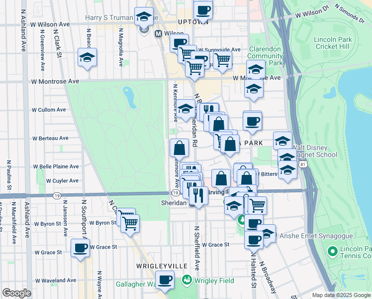 map of restaurants, bars, coffee shops, grocery stores, and more near 4118 North Sheridan Road in Chicago