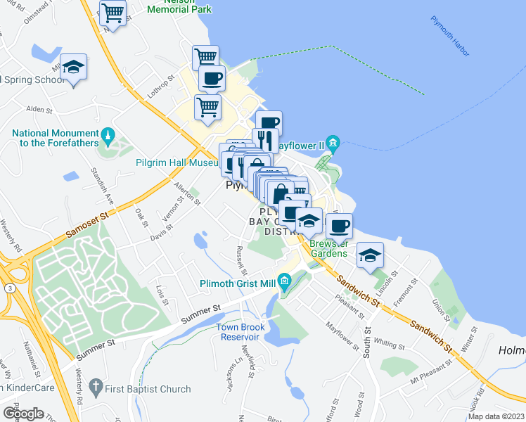 map of restaurants, bars, coffee shops, grocery stores, and more near 11 School Street in Plymouth