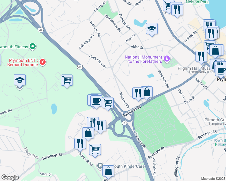 map of restaurants, bars, coffee shops, grocery stores, and more near 128 Westerly Road in Plymouth