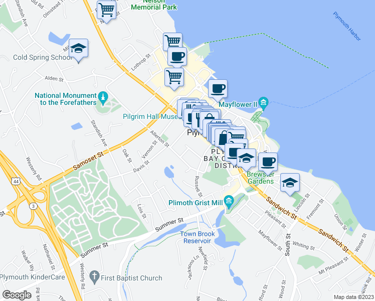 map of restaurants, bars, coffee shops, grocery stores, and more near 24 Sever Street in Plymouth