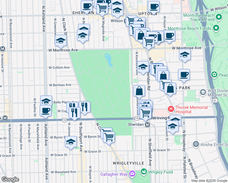 map of restaurants, bars, coffee shops, grocery stores, and more near 4001 North Clark Street in Chicago