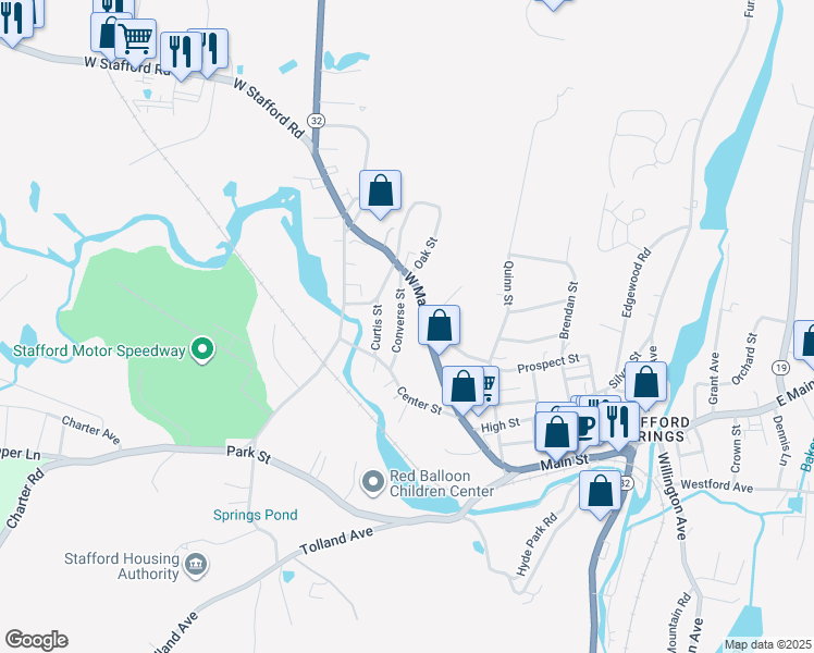 map of restaurants, bars, coffee shops, grocery stores, and more near 18 Converse Street in Stafford