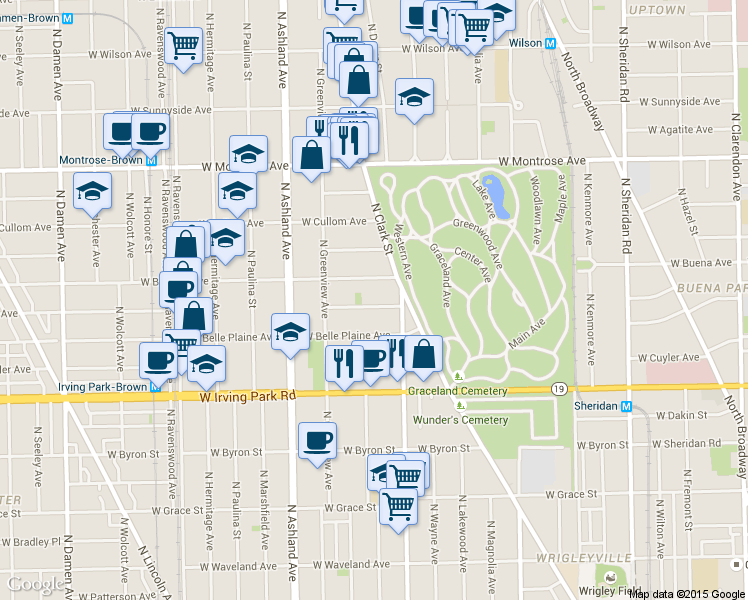 map of restaurants, bars, coffee shops, grocery stores, and more near 1438 West Berteau Avenue in Chicago