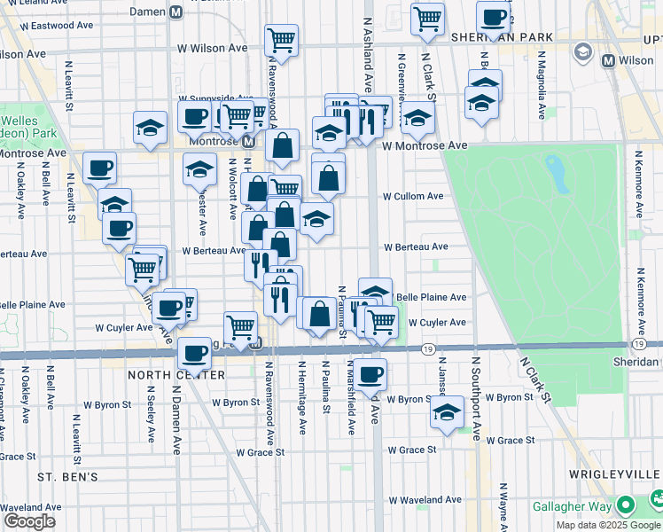 map of restaurants, bars, coffee shops, grocery stores, and more near 4157 North Paulina Street in Chicago