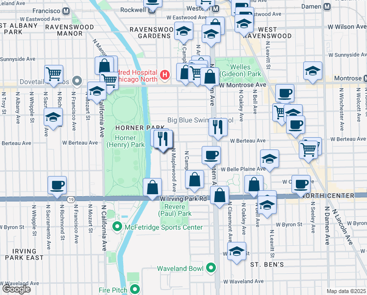 map of restaurants, bars, coffee shops, grocery stores, and more near 2476 West Berteau Avenue in Chicago