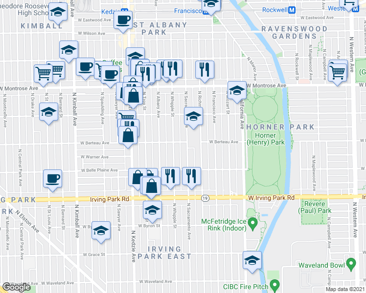 map of restaurants, bars, coffee shops, grocery stores, and more near 4210 North Sacramento Avenue in Chicago