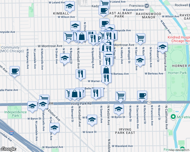 map of restaurants, bars, coffee shops, grocery stores, and more near 3309 West Hutchinson Street in Chicago