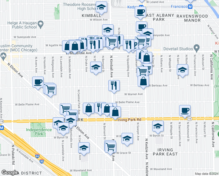 map of restaurants, bars, coffee shops, grocery stores, and more near 4215 North Bernard Street in Chicago