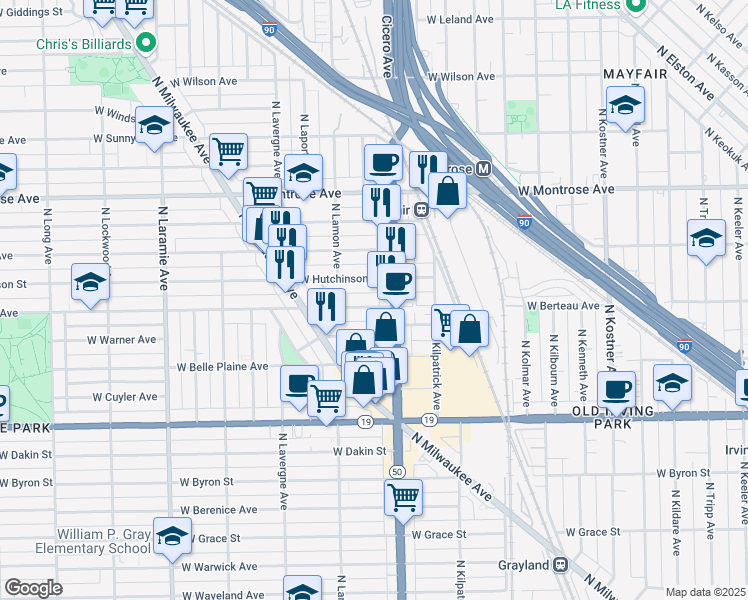 map of restaurants, bars, coffee shops, grocery stores, and more near 4825 West Hutchinson Street in Chicago