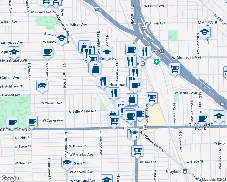 map of restaurants, bars, coffee shops, grocery stores, and more near 4900 West Hutchinson Street in Chicago