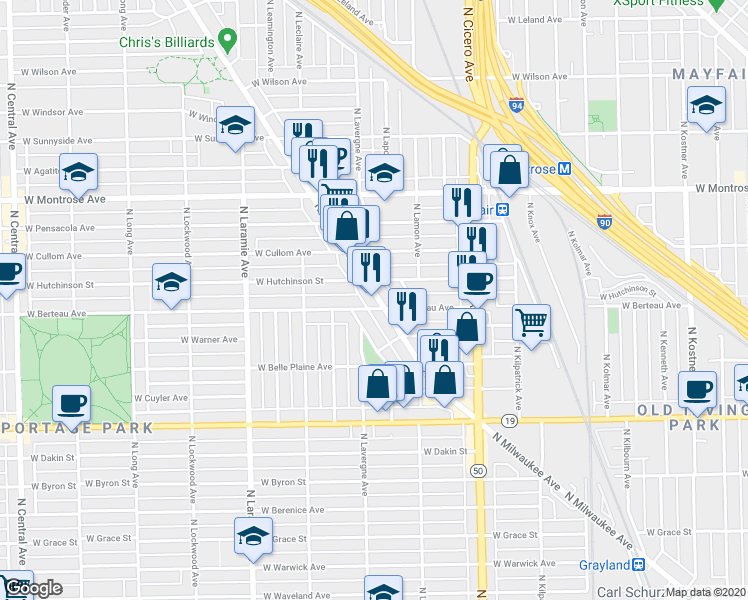 map of restaurants, bars, coffee shops, grocery stores, and more near 4940 West Hutchinson Street in Chicago