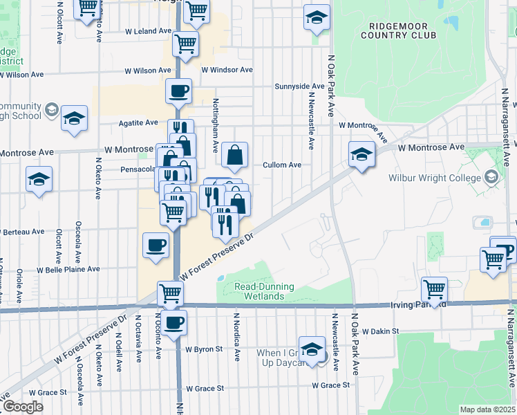 map of restaurants, bars, coffee shops, grocery stores, and more near 4223 North Sayre Avenue in Norridge