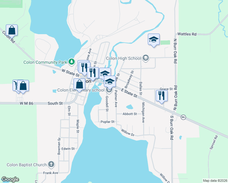 map of restaurants, bars, coffee shops, grocery stores, and more near 329 East State Street in Colon