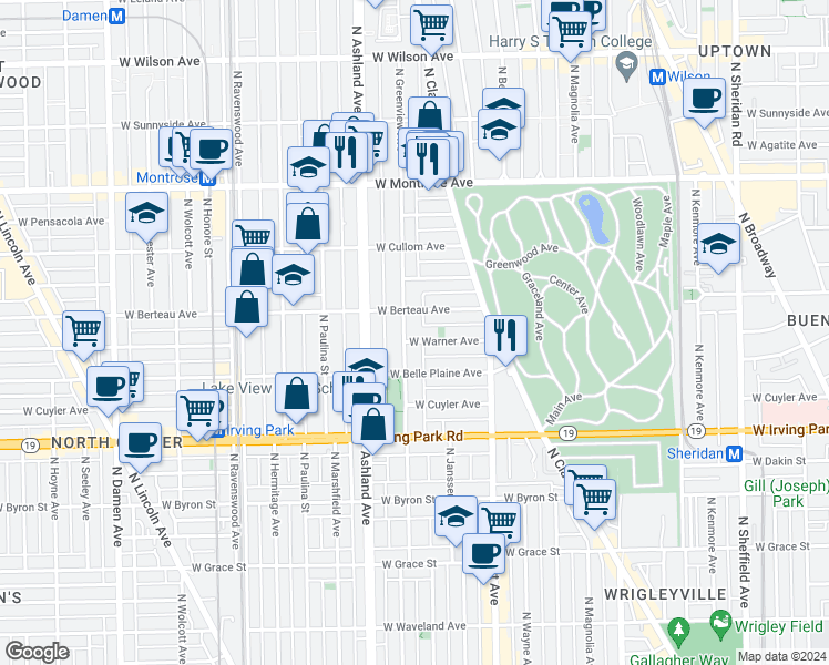 map of restaurants, bars, coffee shops, grocery stores, and more near 4159 North Greenview Avenue in Chicago