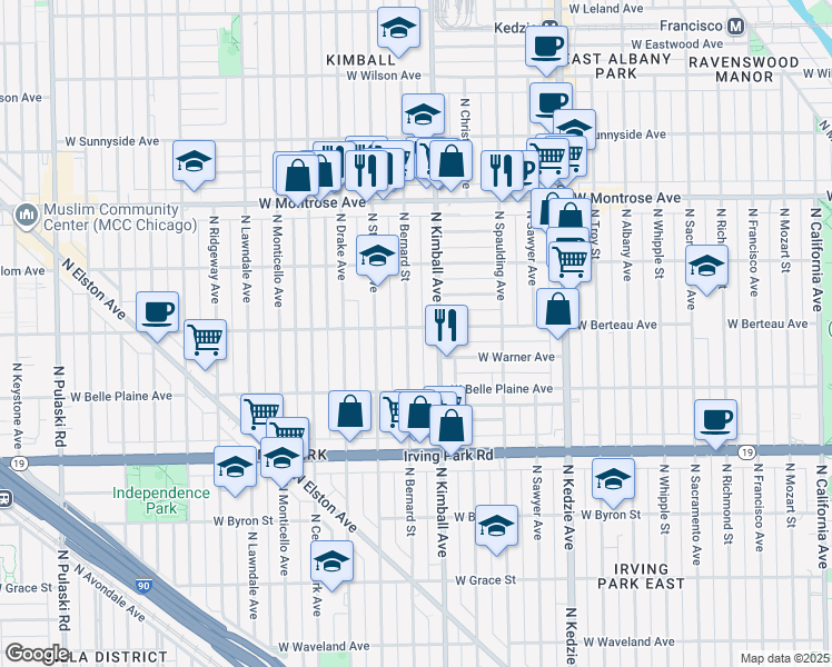 map of restaurants, bars, coffee shops, grocery stores, and more near 4215 North Bernard Street in Chicago