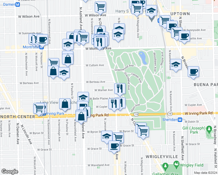 map of restaurants, bars, coffee shops, grocery stores, and more near 1426 West Warner Avenue in Chicago