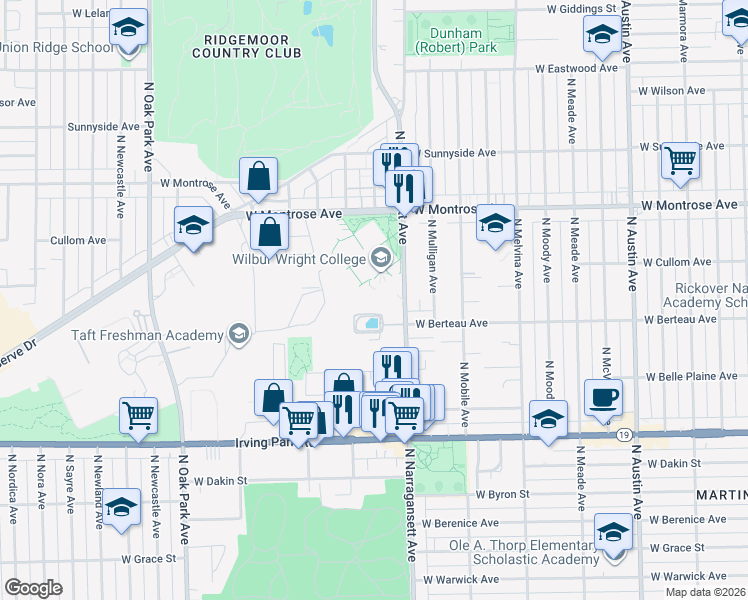 map of restaurants, bars, coffee shops, grocery stores, and more near 4300 North Narragansett Avenue in Chicago